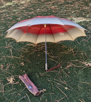 VTG 60's - 70's Knirps Germany Nylon Umbrella Pink & Beige Silver Handle W/Cover - Image 1 of 4