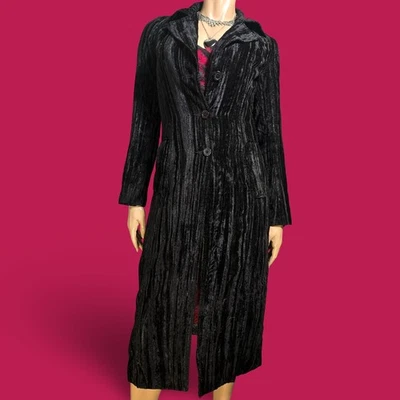 Y2K Guess Black Velvet Long Jacket Trench Coat Size S Gothic Witchy Whimsigoth Foto 1 de 4