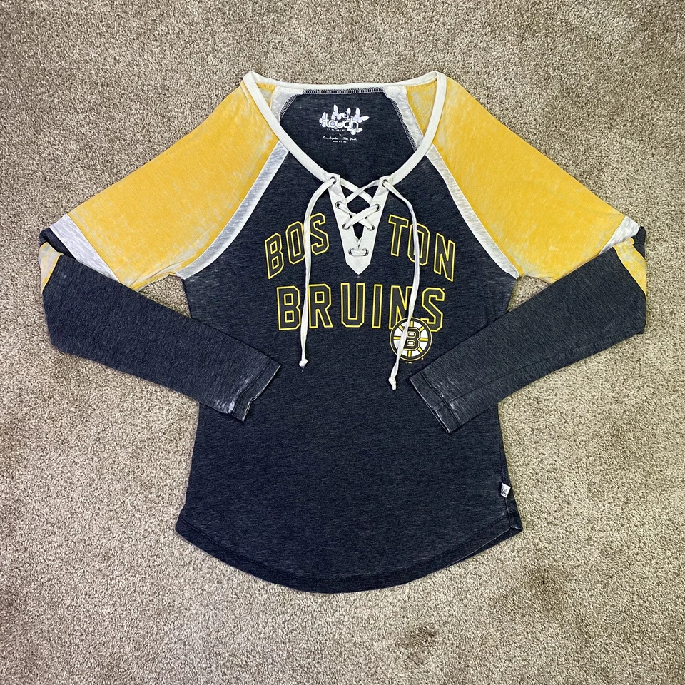 Camisa Boston Bruins Mujer L Gris Fina Con Cordones Top Alyssa Milano Touch Hockey NHL Foto 1 de 4