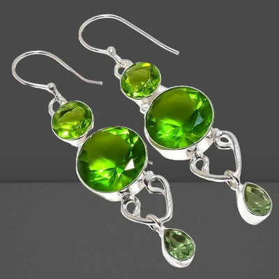 Light Green Peridot Gemstone 925 Sterling Silver Earring 2.4" k057 - Image 1 of 4