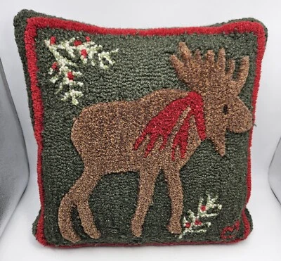 Chandler 4 Corners Green Wool Hand Hooked Moose Pillow Laura Megroz 16” EUC - Image 1 of 4