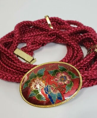 Cinto elástico trançado feminino vintage década de 1980 ouro vermelho com fivela cloisonne  - Imagem 1 de 4