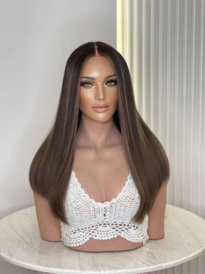 Pelucas de cabello humano delanteras de encaje ombre caramelo marrón resaltados resbaladizas rectas 13x4 Foto 1 de 4