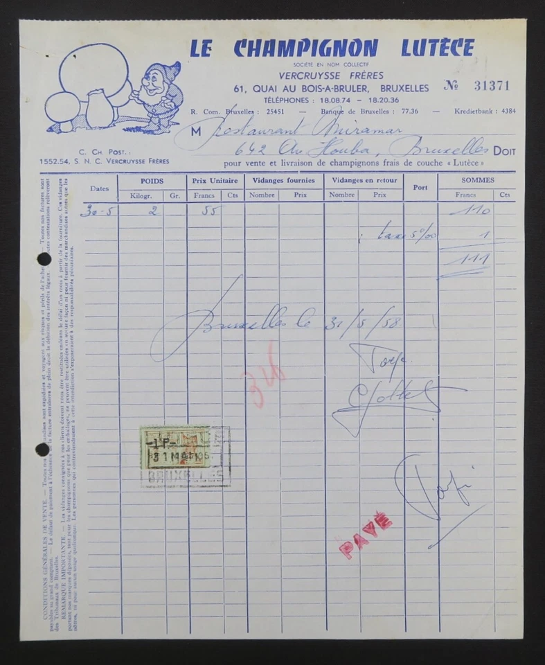 Factura BRUSELAS EL HONGO LUTECE ilustrado billhead 102 - Imagen 1 de 1