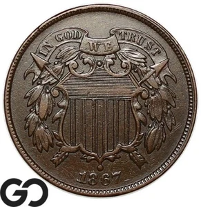 1867 Two Cent Piece, Choice AU - Picture 1 of 3