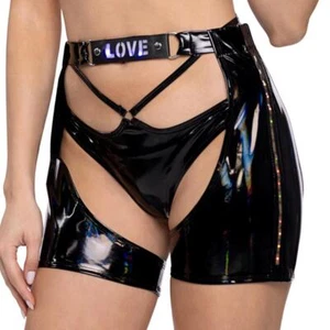Vinyl Short Chaps Light Up LOVE Strap Rainbow Side Cut Outs Wet Look Black 6504 - Afbeelding 1 van 7