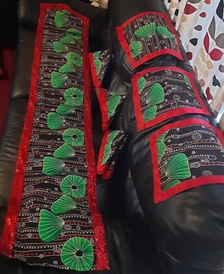 Christmas Red Green Glitter Ethnic Table Runner Ankara 6 Table Napkins AfroParty - Image 1 of 4
