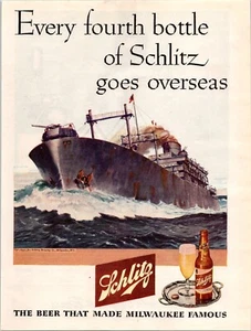 VINTAGE 1945 SCHLITZ BIER SCHLACHTSCHIFF MARINE WWII ÄRA DRUCKANZEIGE - Bild 1 von 1