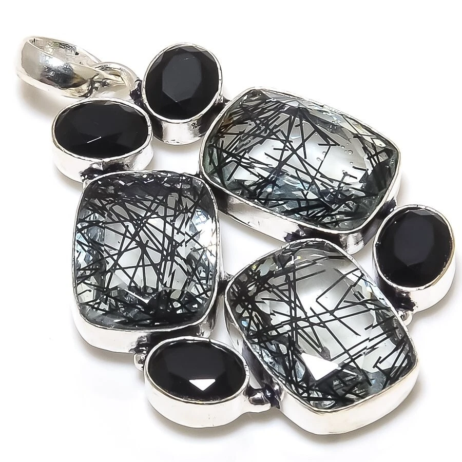 Colgante racimo chapado en plata con piedras preciosas de ónix de cuarzo rutilado negro 3" Foto 1 de 1