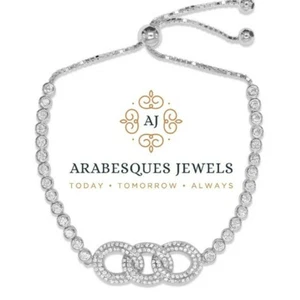 ARABESQUES JEWELS GENUINE STERLING SILVER/CZ. CHAIN LINK TENNIS SLIDER BRACELET - Picture 1 of 3