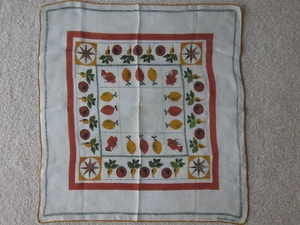 Rare Vtg Brooke Cadwallader Pure Silk Scarf "Fruit" 19x19" Beige 1950's n15 - Picture 1 of 5