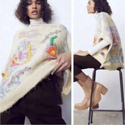 Poncho boho tejido de gran tamaño tejido Zara para mujer bordado floral talla M Foto 1 de 4