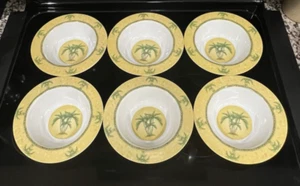 6 Vintage Tropical Palm Tree Melamine Cereal Soup Bowl Green & Yellow 8" - Picture 1 of 10