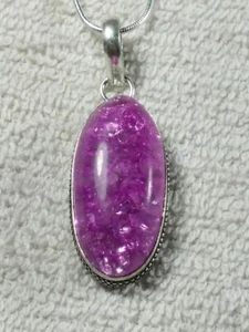 2.1" PINK CRACKED GLASS OVAL STERLING SILVER PENDANT NECKLACE 18" - Picture 1 of 10