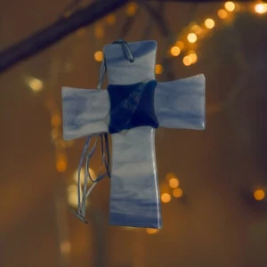 Handmade Fused Glass Blue Cross. - Picture 1 of 3