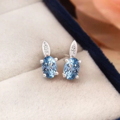 Makellos Fein Bläulich Aquamarin Oval 925Sterling Silber Edelstein Ohrring 6x4MM - Bild 1 von 3