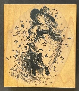 Little Victorian Era Girl Dress Dance Play Leaves Fall Autumn Wood Rubber Stamp - Picture 1 of 3