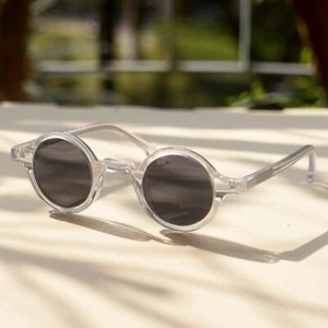 Round polarized sunglasses handmade black lens crystal acetate round glasses S - Picture 1 of 8