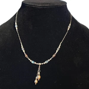 Vtg 16” NECKLACE w/ DANGLE Earth tone & Glass Beads, Seed Beads, Gold-tone Chain - Picture 1 of 3