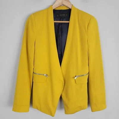 Zara Basic Blazer Women S Yellow Polyester Crop Zip Pocket Open Front LongSleeve - Image 1 of 4