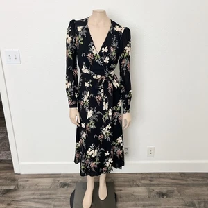 Reformation Size Large L Black Floral Print Susanna Long Sleeve Wrap Midi Dress - Picture 1 of 11
