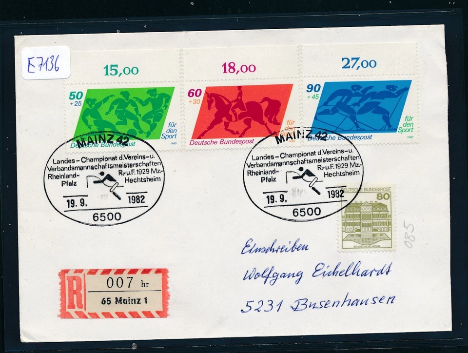 E7136) Reco-Brief, RZ 65 Mainz 1 "hr", SST Pferde-Sport 1982, ORd-Satz Sport - Bild 1 von 1