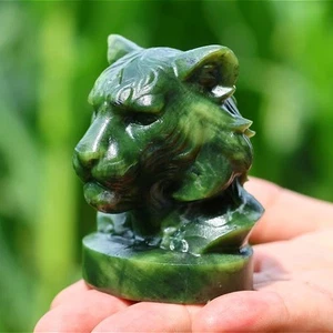 2.8" Natural green jade tiger head hand carved Reiki Crystal Decor Heal Gift 1pc - Picture 1 of 10