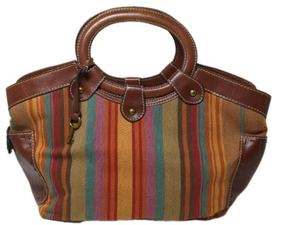 DE COLECCIÓN FÓSIL Cartera Bolso de Mano Bolso de Mano Rayas Cuero Marrón  Foto 1 de 4