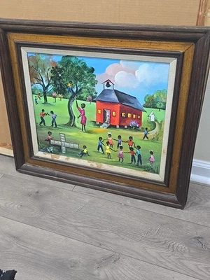 Pintura de arte popular vintage de Batrice Smith que llamo días de juego en el patio de la escuela Foto 1 de 4