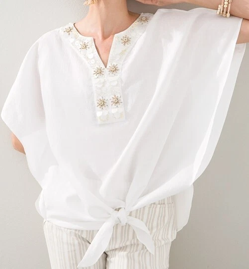 Chico's Alabaster Size 3P (16-18) Tie Front Summer Top Linen Blend Beach Cruise - Image 1 of 4