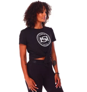 Bebe Women's Interlock Crystal Logo Tie Front Tee Black Size XL NWT - Picture 1 of 10