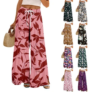 Women Summer Boho Palazzo Pants High Waist Wide Leg Rinting Casual Trousers - Picture 1 of 39