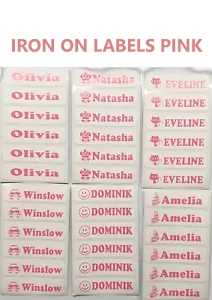 5 10 30 40 personalisierte Etiketten zum Aufbügeln Etikett Name Schuluniform Kinderkleidung rosa - Bild 1 von 7