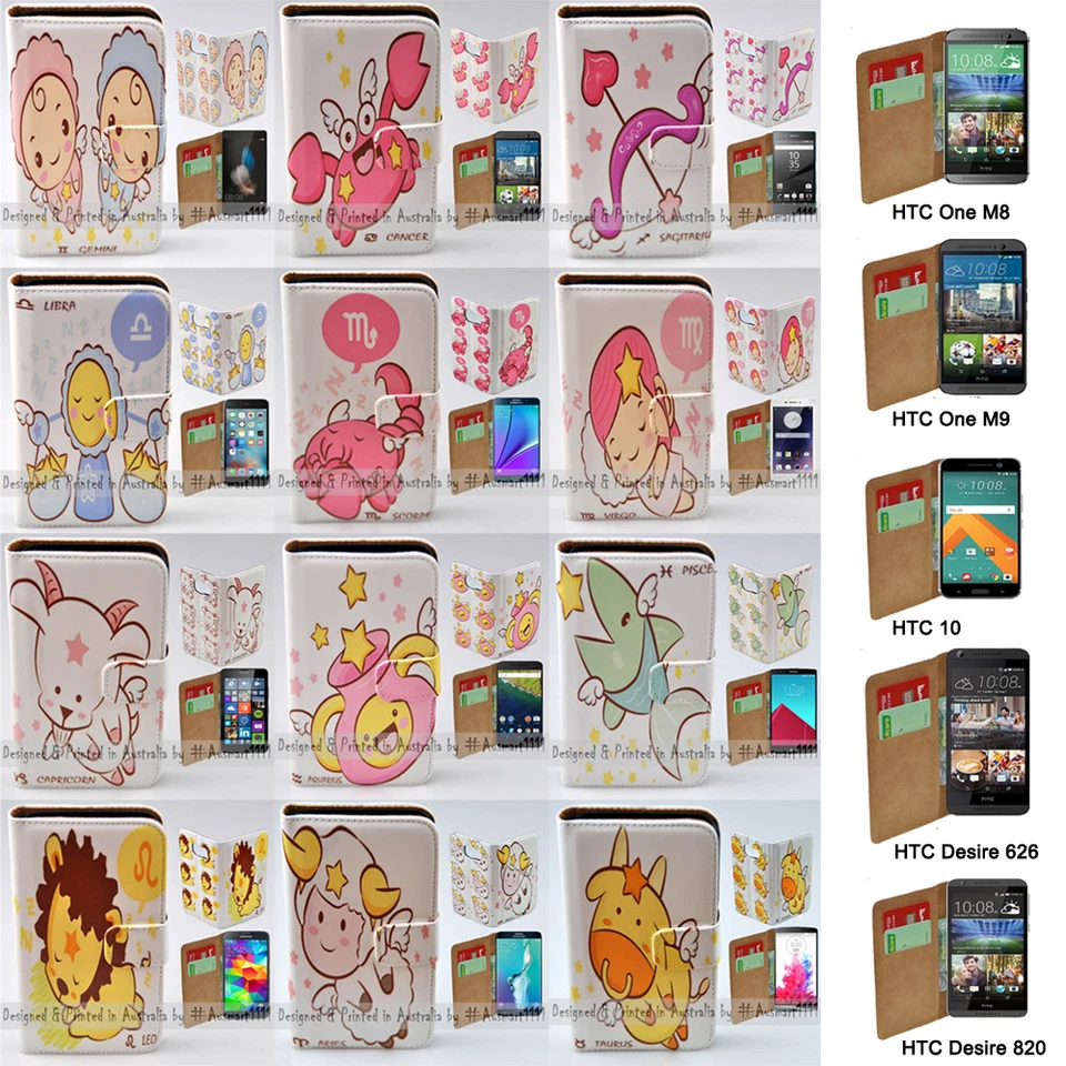 Phone Case For HTC Series Mobile Phone - 12 Zodiac Star Signs Theme Wallet Cover - Image 1 of 1