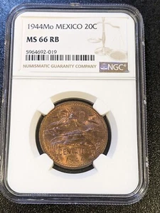 1944 MS66 RB Mexico 20 Centavos NGC UNC KM 439 Scarce Condition - Picture 1 of 5