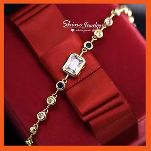 9CT GOLD GF EMERALD CUT SAPPHIRE PERIDOT PINK GEM TENNIS VINTAGE BANGLE BRACELET - Picture 1 of 8