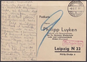 F-EX56738 DEUTSCHLAND 1937 HOHNSTEIN PORTO FÄLLIG SONDERKARTE NACH LEIPZIG. - Bild 1 von 3