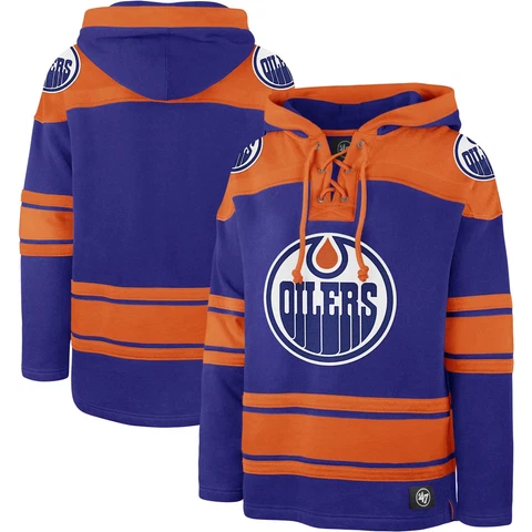 Men's '47 Navy Edmonton Oilers Superior Lacer Pullover Hoodie Cover