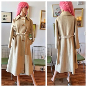Vintage 60s Cream Wool Swing Coat Toggle Belted Trench Spy Drama M - Picture 1 of 13