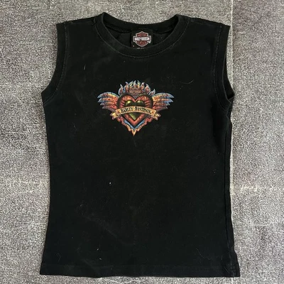 Womens Vintage Y2K Harley Davidson Motorcycles Black Heart Baby T Shirt Tee Sz S - Image 1 of 3