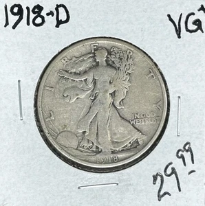 1918-D WALKING LIBERTY SILVER HALF DOLLAR ~ VG+ ~NICE COIN~ - Picture 1 of 2