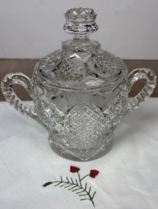 American Brilliant Crystal Sugar Bowl Lid Double Handle Heavy 1890-1915 Piece - Picture 1 of 12