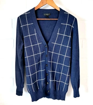 Cárdigan Suéter Lana Cachemira Nylon Azul Marino Blanco Cuadros Mujer S Cuello en V Top Foto 1 de 4
