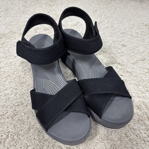 Sandali donna Clarks Cloudsteppers sportivi con cinturino nero zeppa comodi taglia 11M