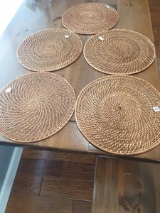 Crate & Barrel Artesia Round Woven Rattan Placemat Set 5 New Honey Color - Picture 1 of 12