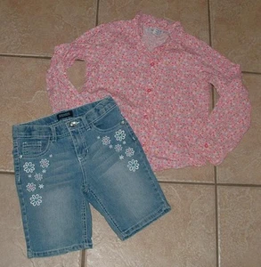 Girls Sz 6X Pink Floral Button Up Shirt & Denim Bermuda Shorts 2 Pc Lot OSH KOSH - Picture 1 of 3