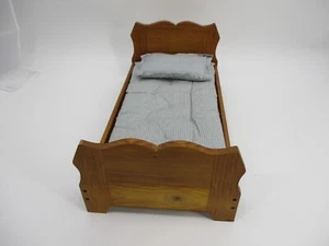 American Doll Bed 20x10in Wood 18in doll Wooden w/ Striped mattress pillow 1998 - Picture 1 of 20