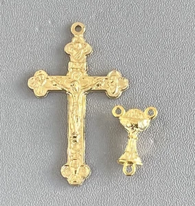 2 pc SET Rosary CENTER CRUCIFIX ITALY First 1st Communion Centerpiece L111 GOLD - Picture 1 of 4