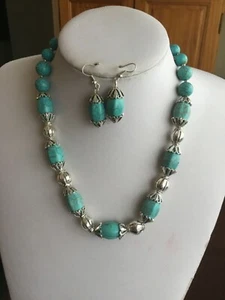 Silver tone bead and turquoise stone bead necklace earring set - Picture 1 of 3