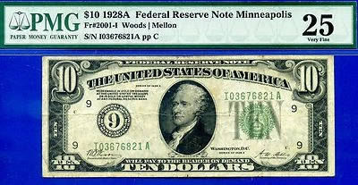 1928A $10 Federal Reserve Note PMG 25 Minneapolis Fr 2001-I - Image 1 of 2